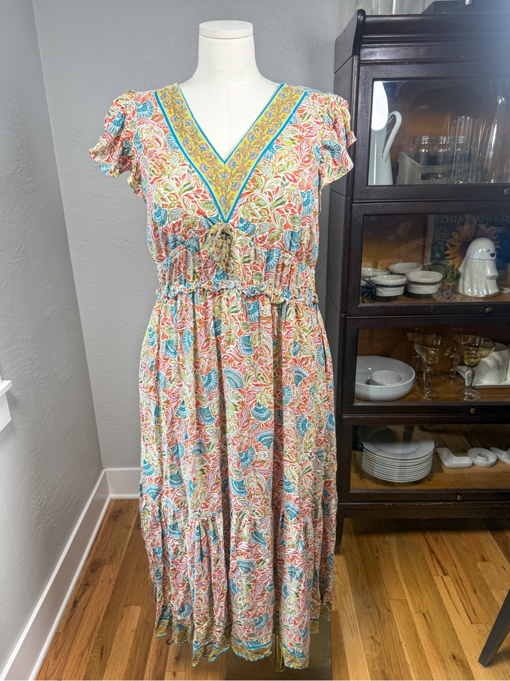 LEA Boho Floral V Neck Tie Waist Flutter Sleeve Maxi Dress Plus Size 2X